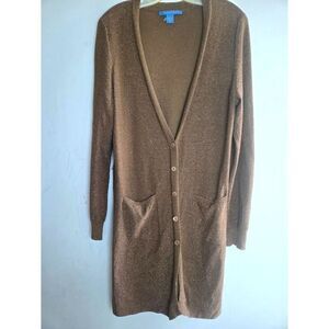 White +Warren Brown Metallic Silk Blend Button Down Tunic Cardigan Sweater XL